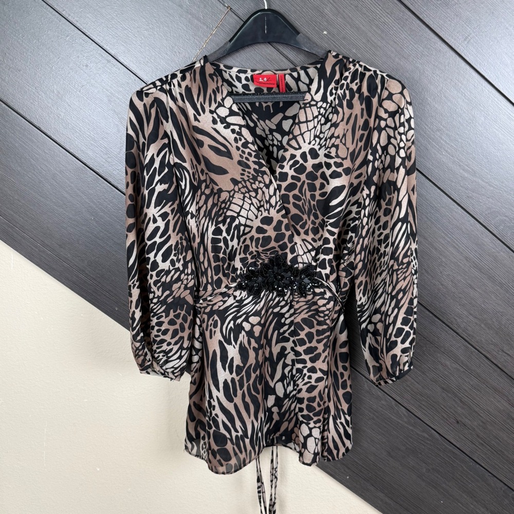 Tapemeasure Women's L Brown Black Animal Print Sheer Tunic Tie Back Beaded Y2K